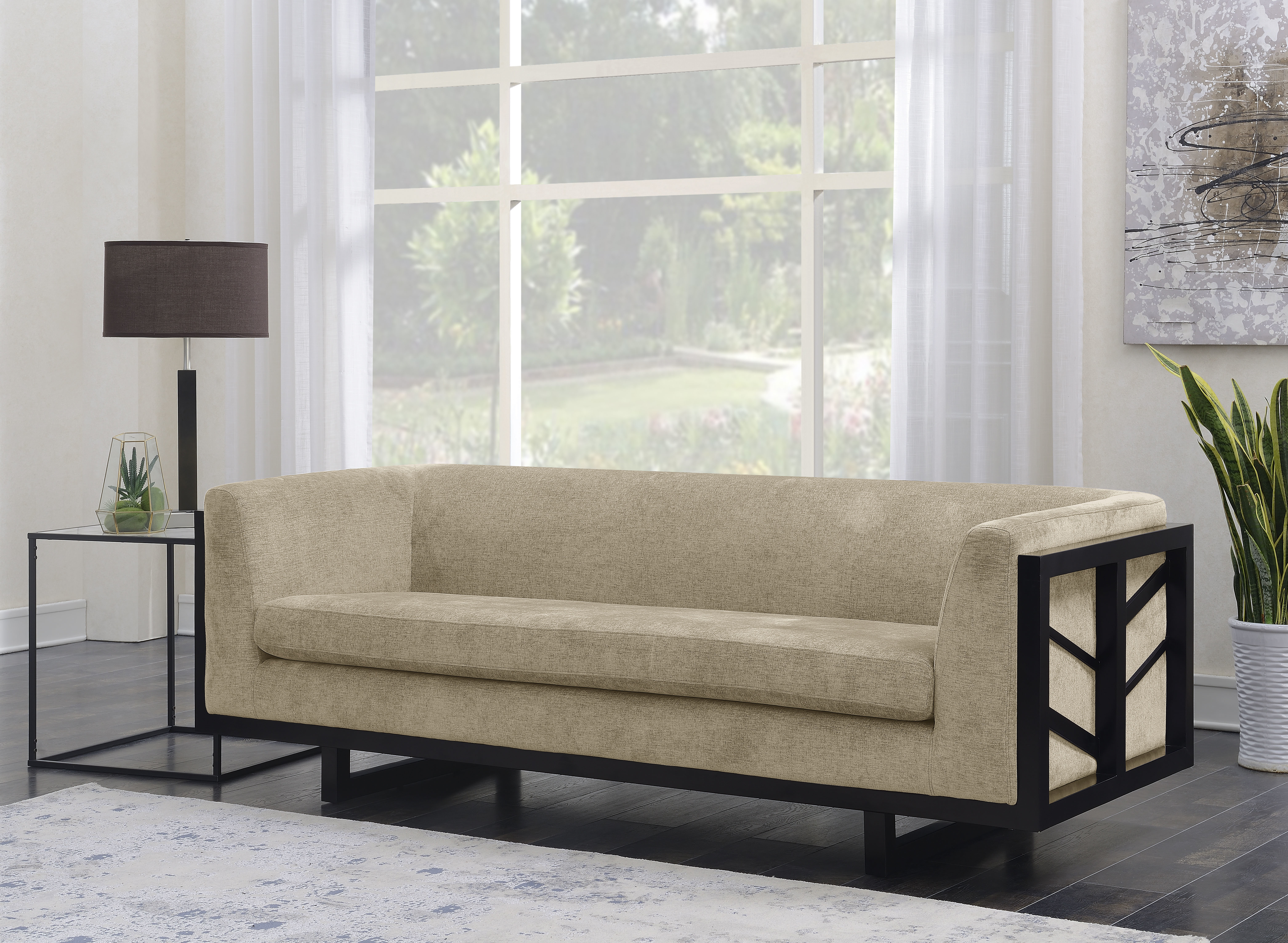 Sofa Linen Textured Upholstery Espresso Lattice Wood