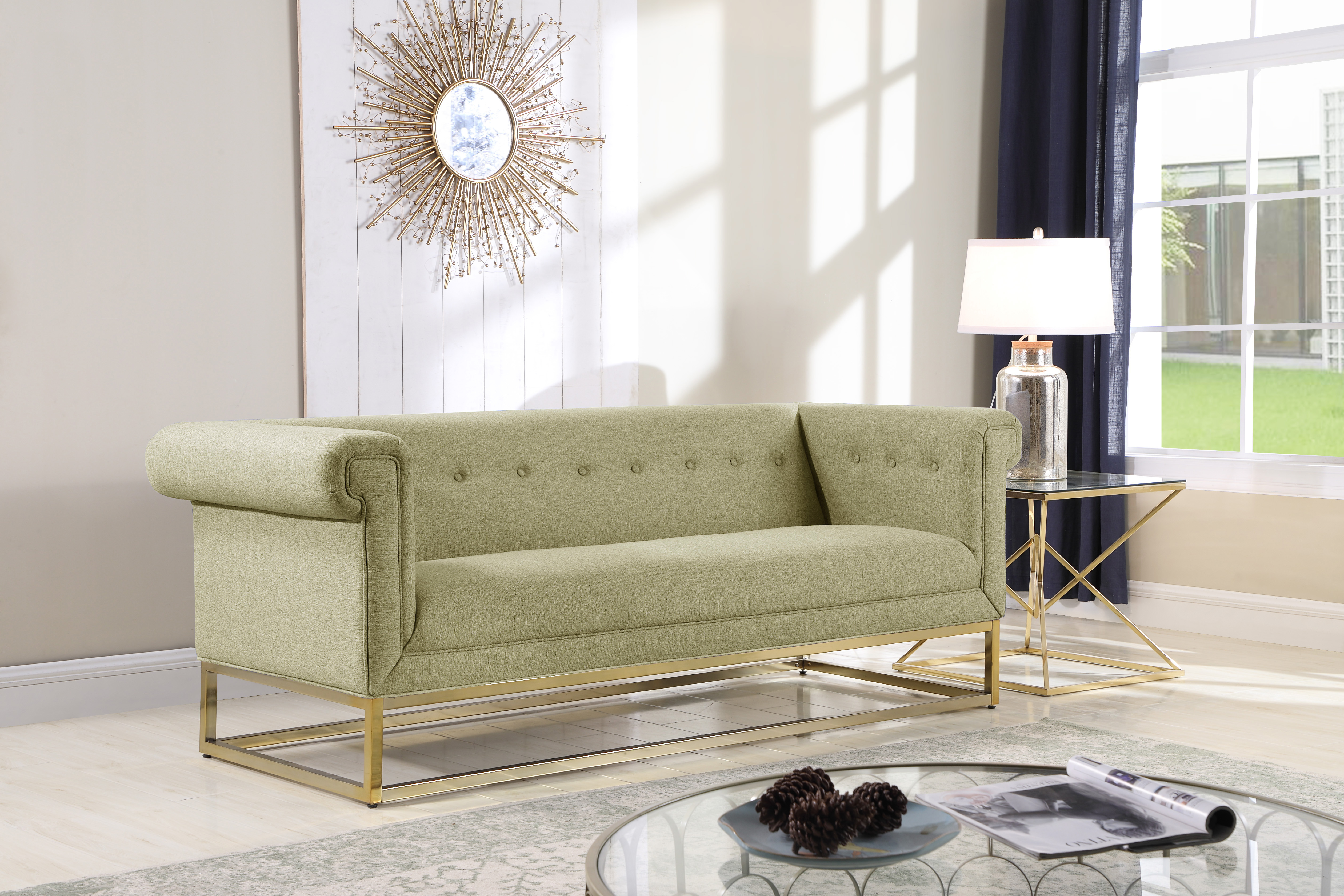 Sofa Button Tufted Linen Textured Plush Cushion Brass