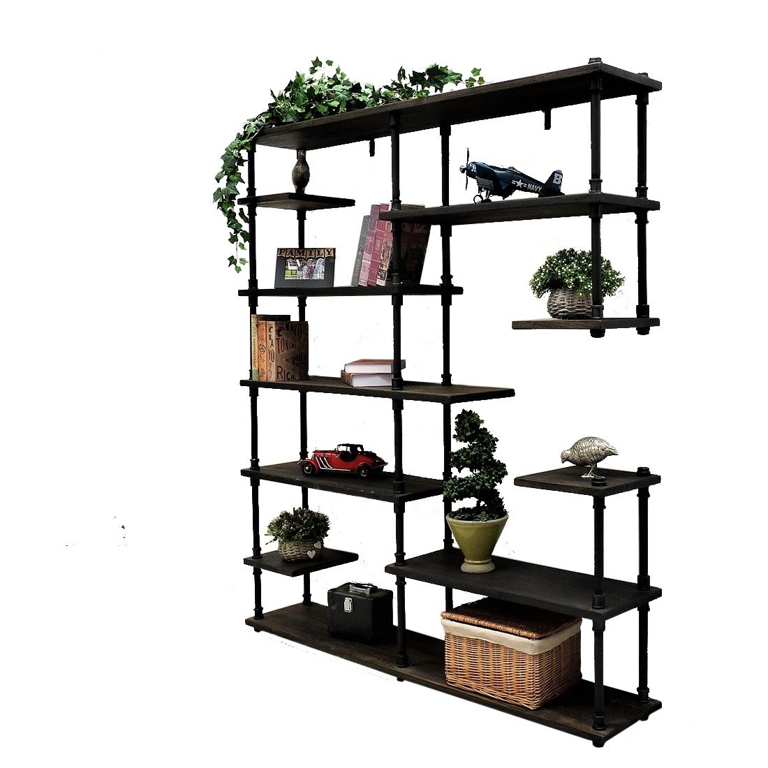 Industrial Etagere Bookcase Steel Combo Stained Woo Nashville